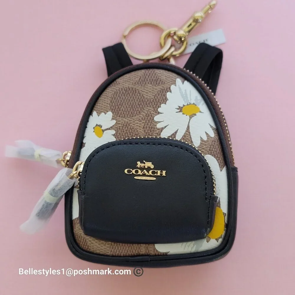 COACH Mini Court Backpack Bag Charm In Signature Canvas With Floral Print-Tan🎈⭐ - Picture 5 of 16